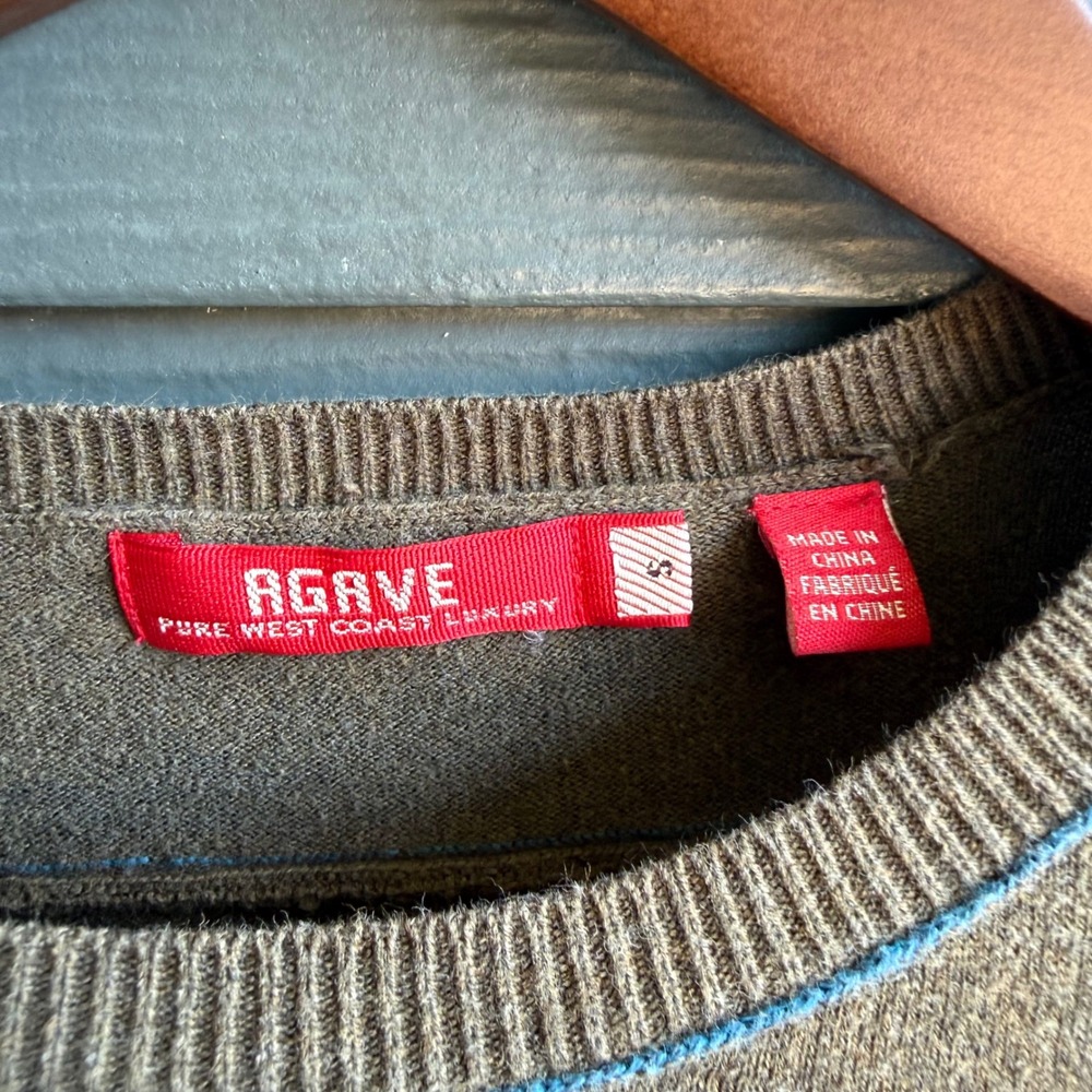 AGAVE 100% Cotton Crewneck Sweater Brown Blue Trim Lightweight Men's S - Picture 3 of 7